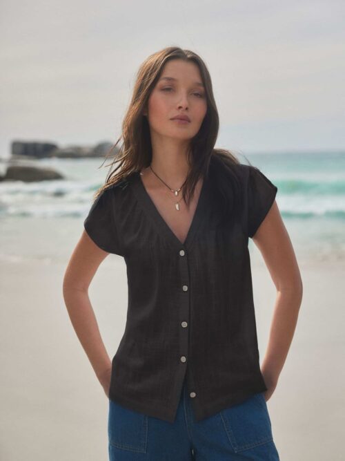 Button Down Ruffle Sleeve Top With Linen
