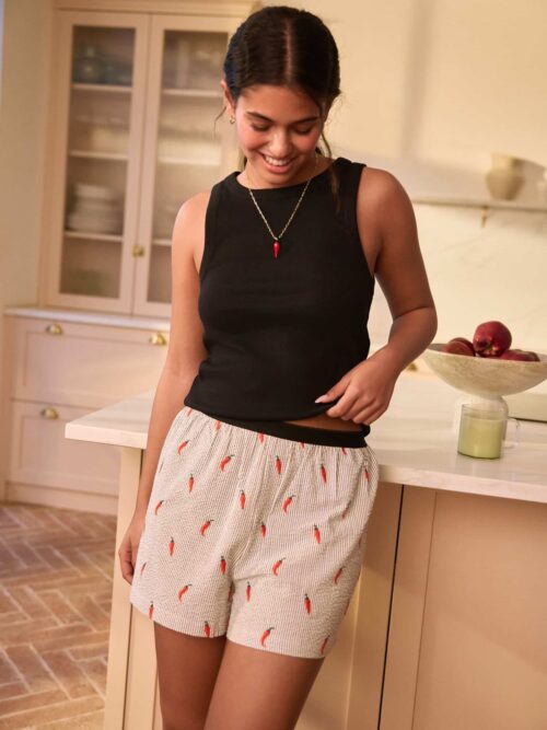 Fluro Pink Stripe Rib Vest Woven Short Set Pyjamas