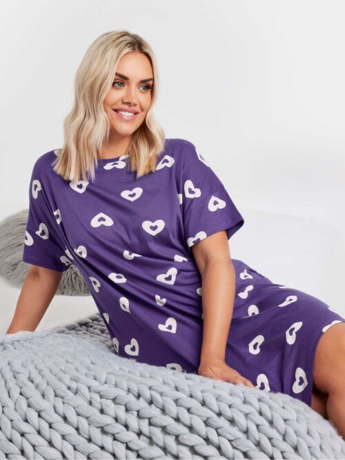 Yours Curve Purple 100% Cotton Double Heart Sleeptee Nighties